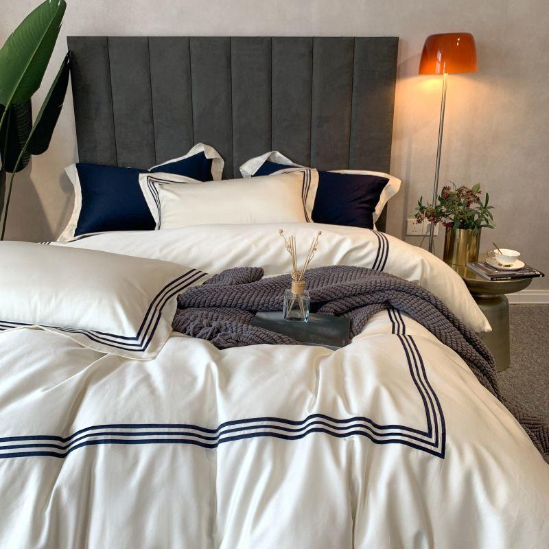 Blanc de coton brodé de literie d'hôtel de style moderne d'appartement pour le double lit